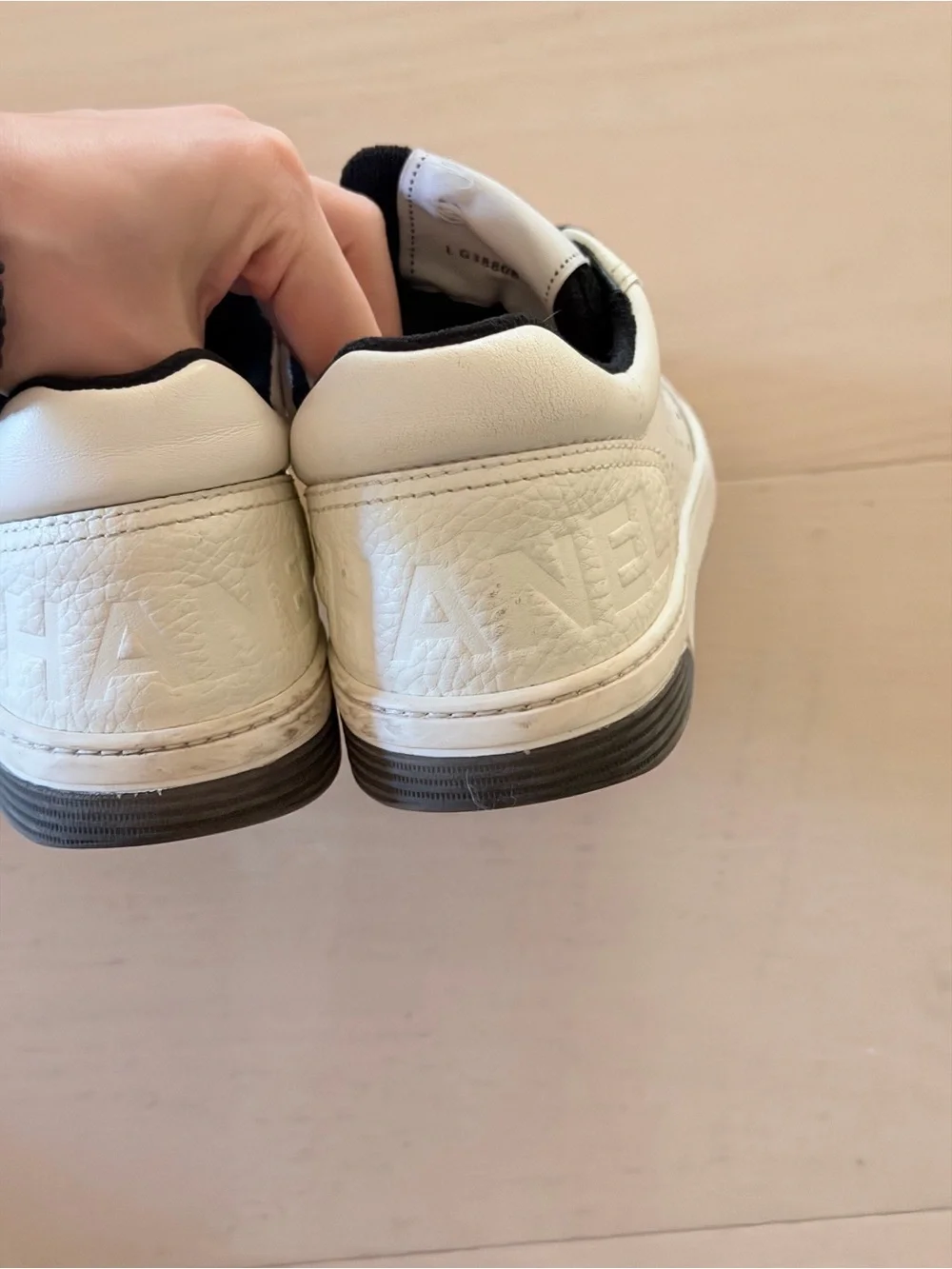 CHANEL White & Black Interlocking CC Logo Leather Sneakers